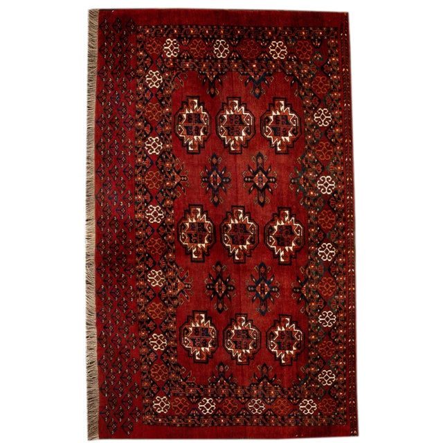 Antique Turkaman Handmade Red Tribal Wool Rug For Sale - Image 9 of 9