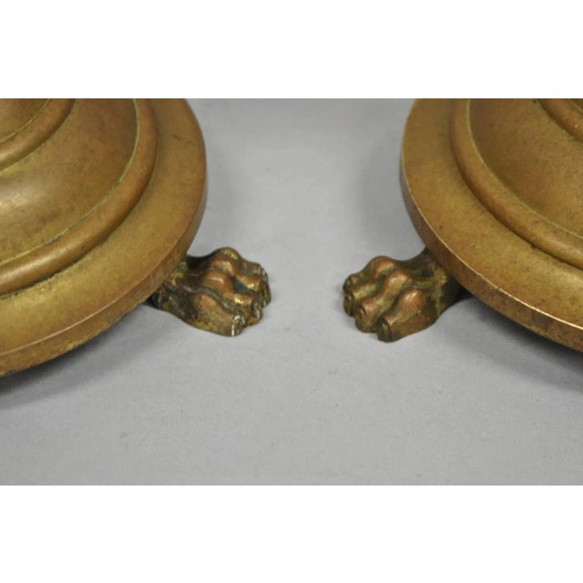 Late 19th Century Antique English Renaissance Gothic Patinated Brass Candlestick Table Lamps Pair For Sale - Image 5 of 12