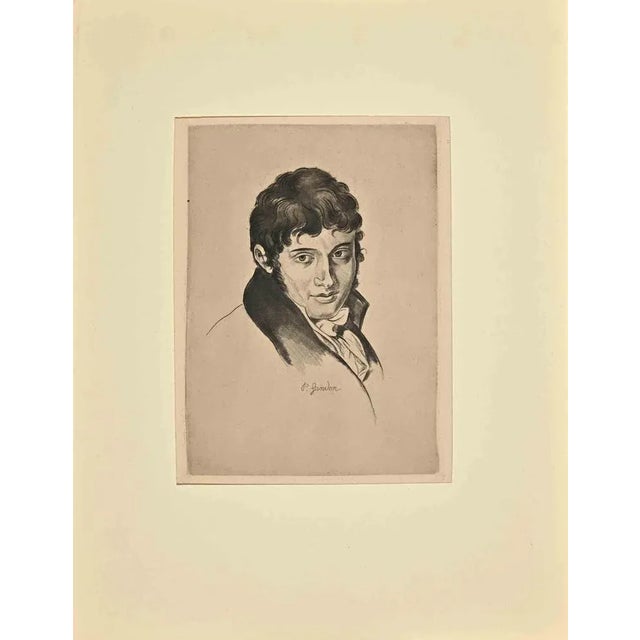 Portrait is an original modern artwork realized by Pierre Grandon in the 19th Century. Black and white etching. The...
