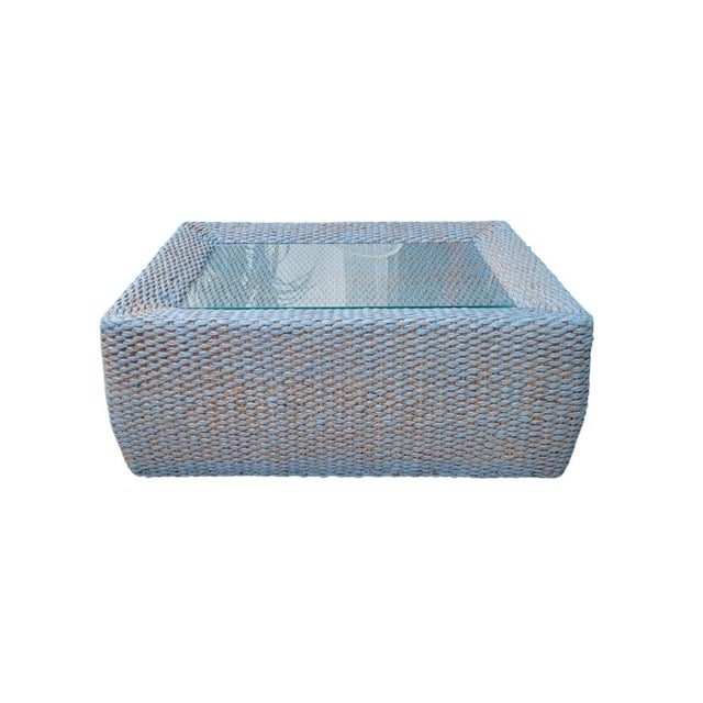 Century Furniture Vintage Century Furniture Custom Painted Light Blue, Tan Rectangular Coastal Regency Wicker Coffee Table With Glass Top For Sale - Image 4 of 13