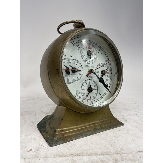 World Time Clock with Five Time Zones in Brass For Sale - Image 12 of 14