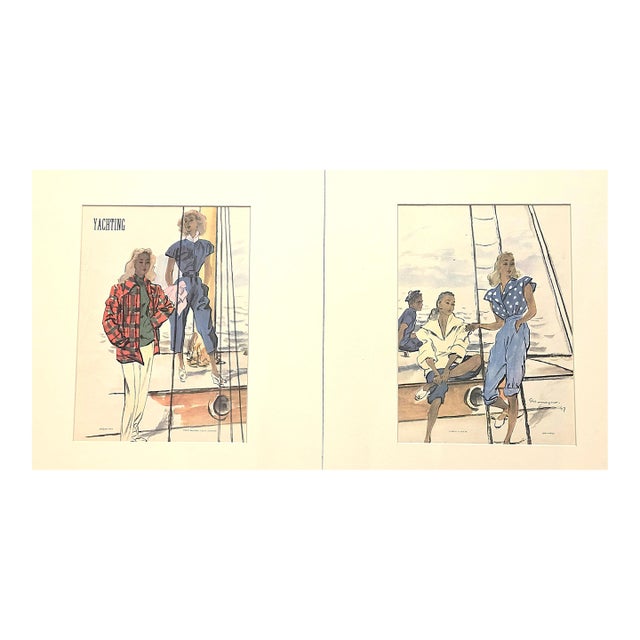 1947 Set of 2-French Summer Fashion Prints for Yachting, Matting For Sale