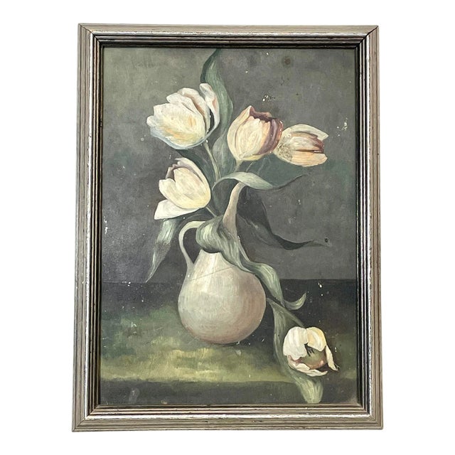 Antique Dutch Renaissance Floral Still Life Original Framed Oil Painting on Tin in Silver, White, Blush For Sale