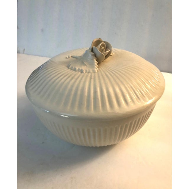 Ceramic Portugal Blanc De Chine Ribbed Decorative Covered Bowl With Rose For Sale - Image 7 of 11