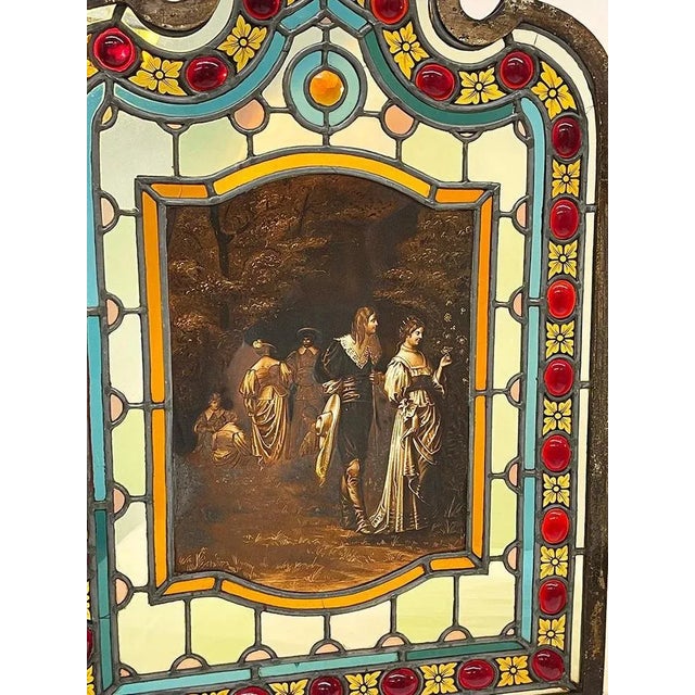 19th Century Window panels in stained glass A set of 2 panels made of stained glass with scenes of characters walking in...