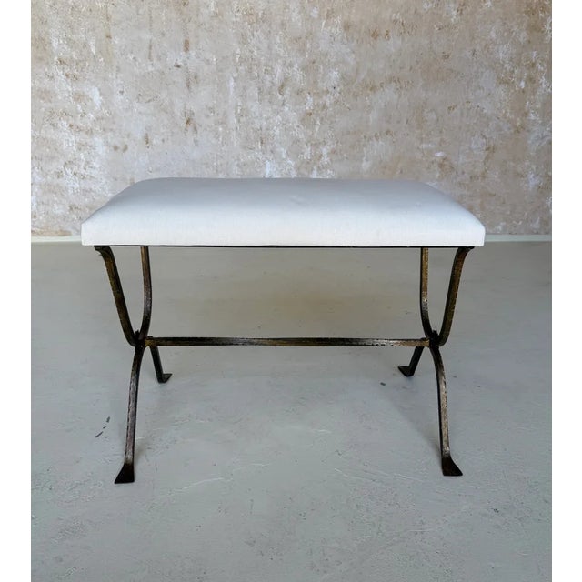 Spanish Gilt Iron Bench With Hammered Frame For Sale - Image 4 of 12
