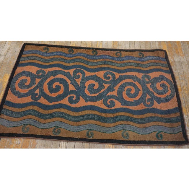 1930s Salmon Abstract Cloud Bands Antique American Hooked Rug 3' X 5'3" Knotted Wool Carpet For Sale - Image 4 of 11