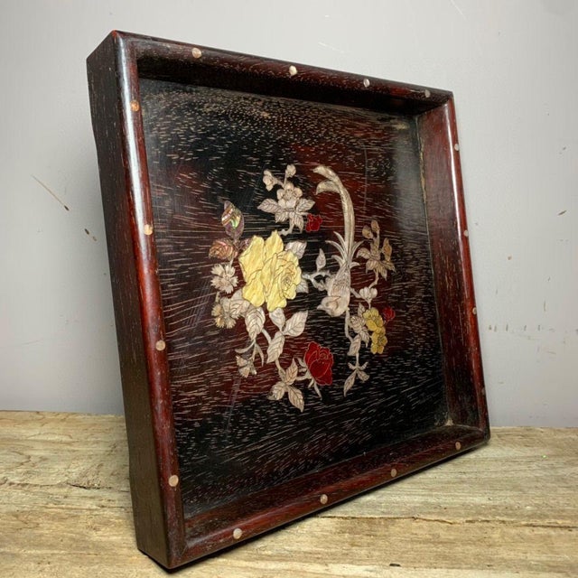 Vintage Chinese Zitan Wood Tea Tray | Mother-of-Pearl Inlaid Bird & Flower Motif For Sale - Image 9 of 9