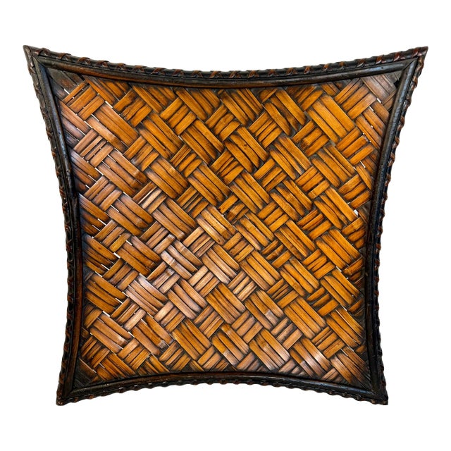 Vintage Boho Chic Bamboo and Split Reed Footed Square Basket Tray For Sale