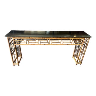 Asian Bamboo Sofa Table With Black Lacquer Top & Wood Joinings For Sale