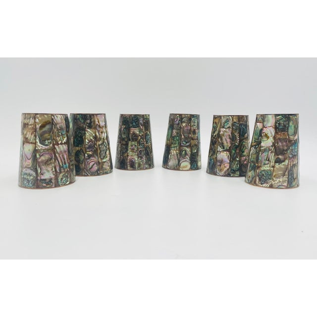Mid 20th Century Mexican Abalone Mosaic Brass Barware Set, Pitcher & 6 Glasses For Sale - Image 17 of 18