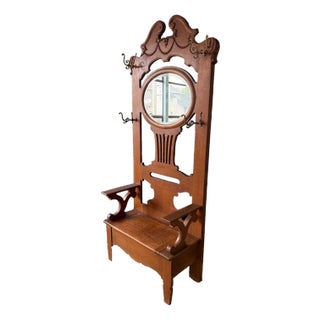 Wood Carved Hall Tree Antique Bench Seat Hang Coats Mirror Seat For Sale