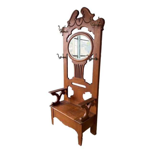 Wood Carved Hall Tree Antique Bench Seat Hang Coats Mirror Seat For Sale