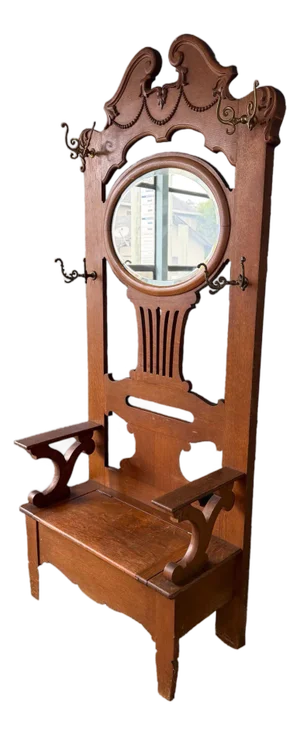 Wood Carved Hall Tree Antique Bench Seat Hang Coats Mirror Seat