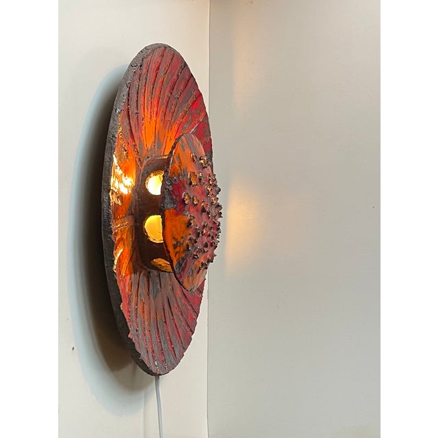 Danish Sculptural Sunflower Acid-Glazed Stoneware Wall Sconce, 1970s For Sale - Image 4 of 11