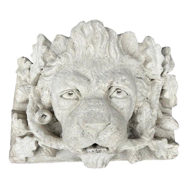 Cast Stone Lion Head Fountain Mask with Oak Leaves and Acorns For Sale
