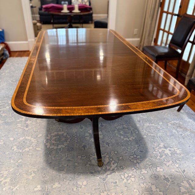 Antique Multi Banded Mahogany Double Pedestal Dining Table For Sale - Image 11 of 12