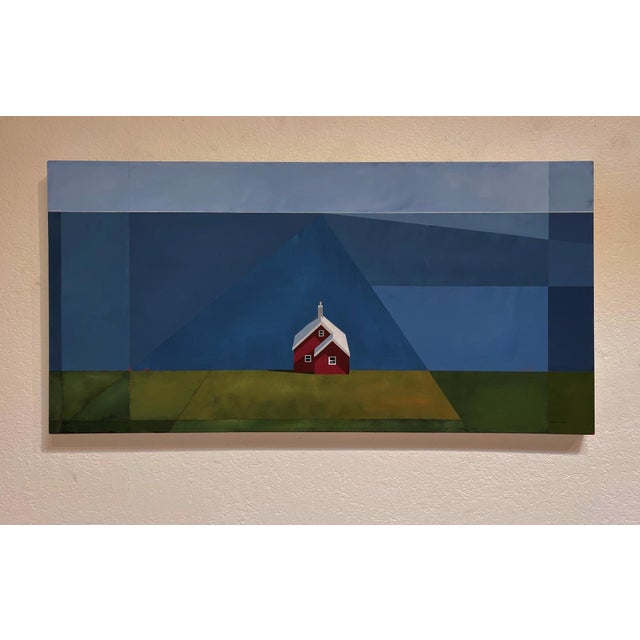 "Overlook" is an acrylic on canvas landscape painting by Justin Wheatley, completed in 2026. A small red house with a...