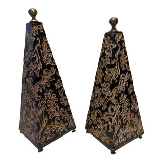 Chinoiserie Black and Gold Obelisks - Pair For Sale