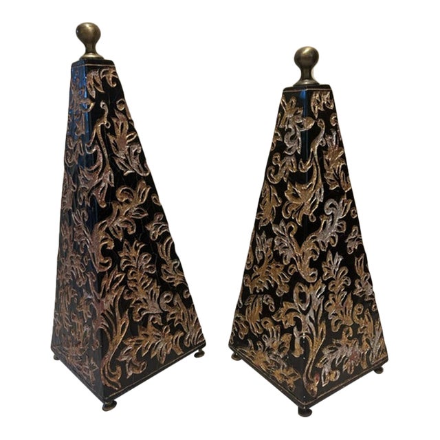 Chinoiserie Black and Gold Obelisks - Pair For Sale
