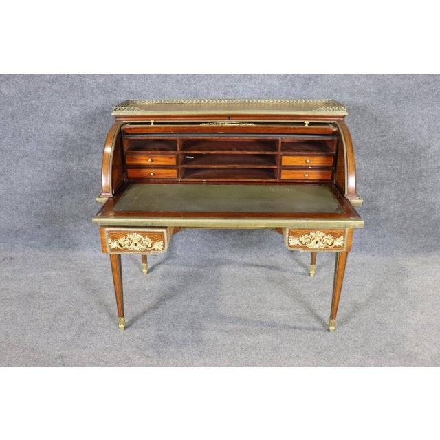 French Louis XVI 19th C. Bronze Mounted Figural Marqetry Inlaid Roll Top Desk For Sale - Image 3 of 17