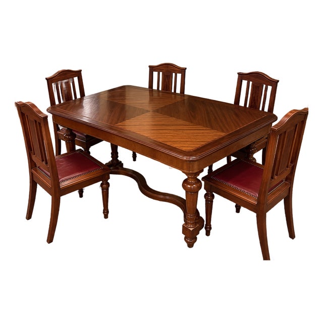French Revival Carved Mahogany Antique Dining Table 5 Chairs Set For Sale