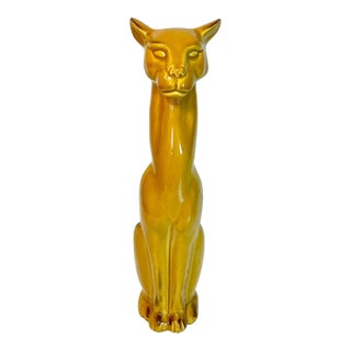 1973 Vintage Art Deco Boho Chic Folk Art Majolica Ceramic Cat Figural - 17" Tall, Artist Signed For Sale