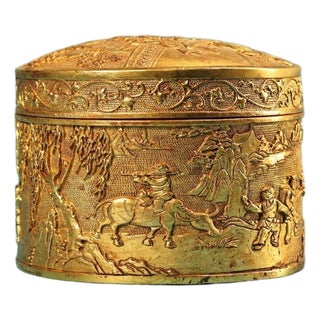 Vintage Gilt Bronze Round Trinket Box With Figural Scene For Sale
