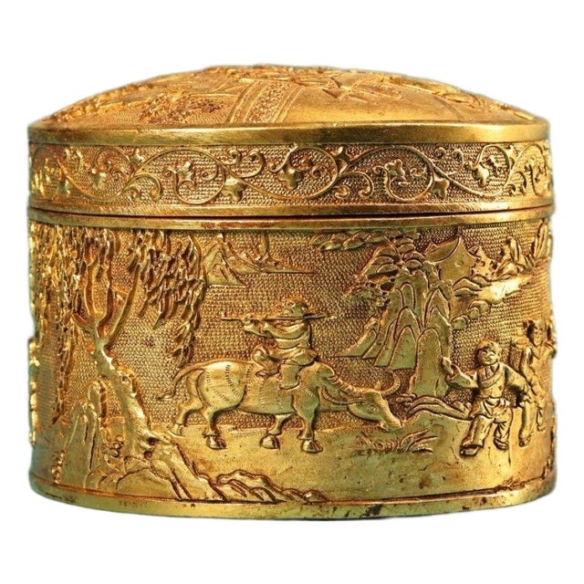 Vintage Gilt Bronze Round Trinket Box With Figural Scene For Sale