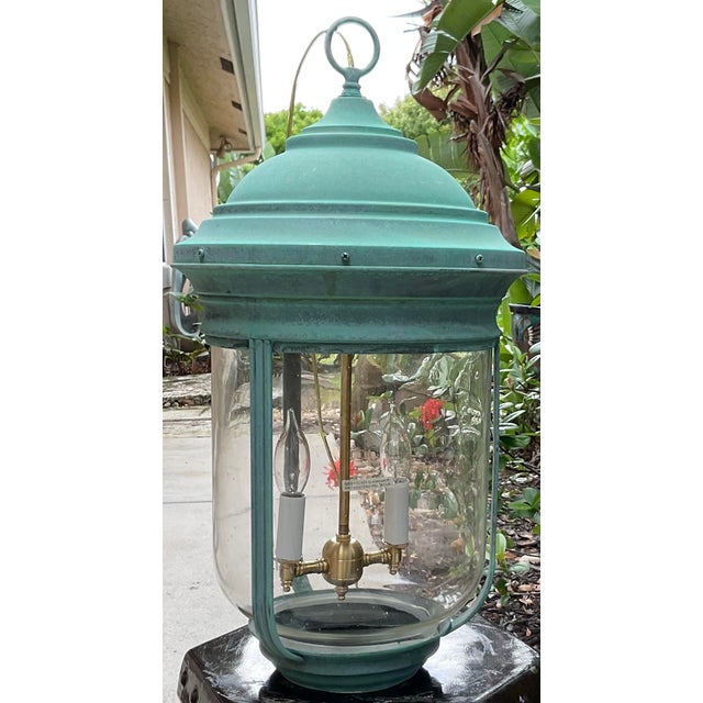 Vintage Solid Brass Bell Lantern With Verdigris Patina – Two-Lights Pendant For Sale - Image 4 of 13