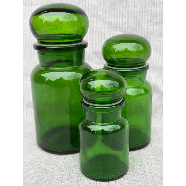 Glass Vintage Apothecary Jar Set Green Glass Belgium For Sale - Image 7 of 13