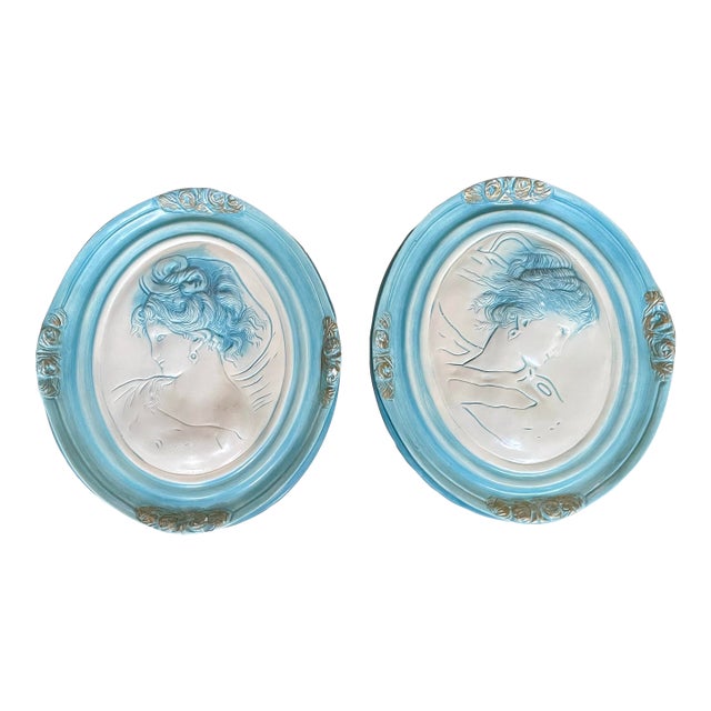 Vintage Pair of Large French Bisque Oval Wall Plaques For Sale