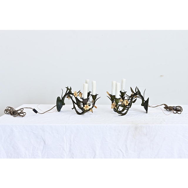 Black Vintage Italian Tole Floral Wall Sconces - a Pair For Sale - Image 8 of 11