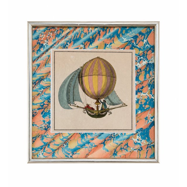 Original Hot Air Balloon Print, custom framed with marbleized paper matte.