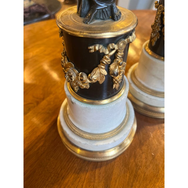 Circa 1800 Pair of Gilt Bronze French Candelabras (Female Figure on Marble Base) For Sale - Image 4 of 9