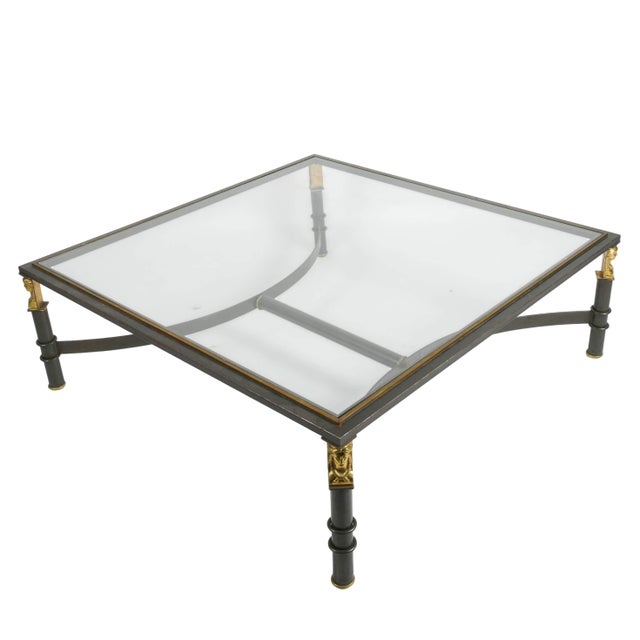 Neoclassical Brushed Steel & Brass Figural Accent Glass Top Coffee Table, Neoclassical Style For Sale - Image 3 of 5