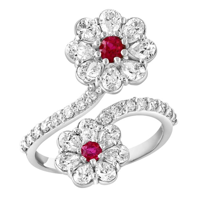 0.30 Ct Fine Natural Ruby & 2 Ct Finest Diamond 18 Kt White Gold Flower Ring For Sale
