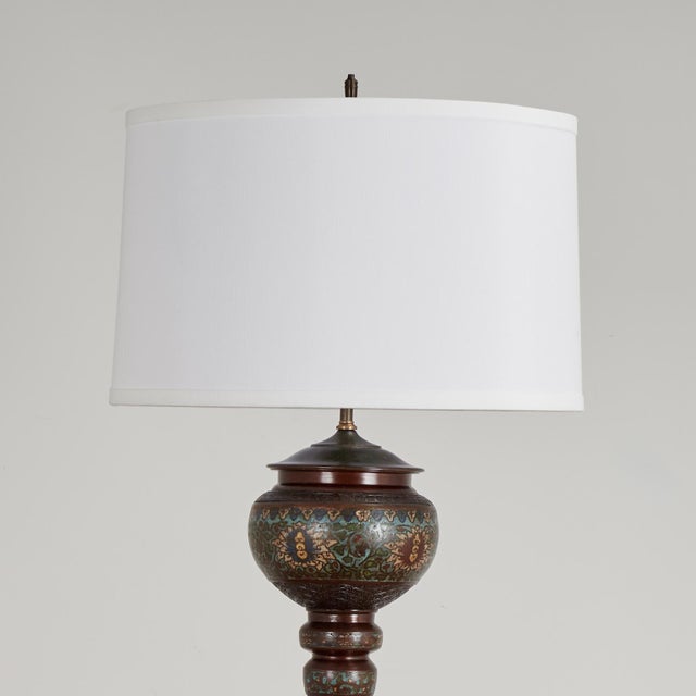 Impressive antique bronze Japanese Meiji style Champleve Enamel floor lamp featuring floral motifs with geometric borders,...