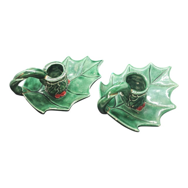 Pair of Vintage Holly Leaf Christmas Candlestick Holders For Sale