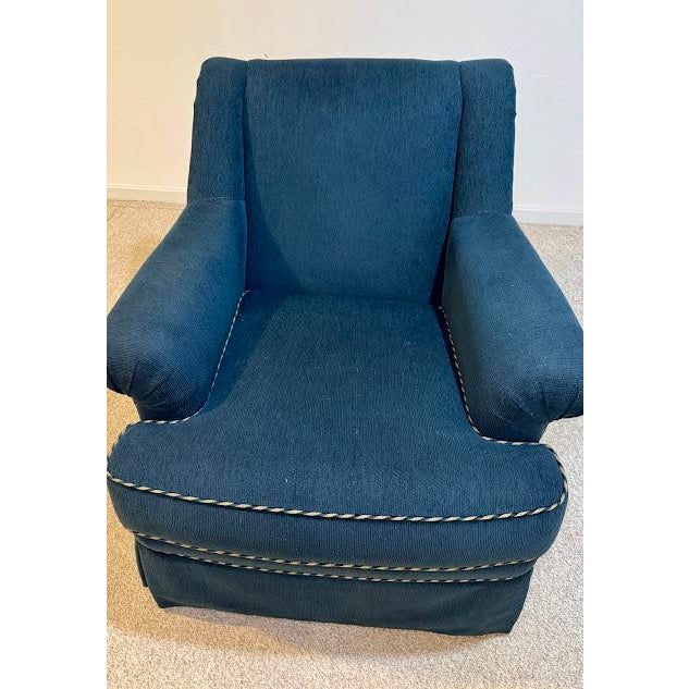 Custom Ethan Allen Rolled-Arm Skirted Armchair in Navy With Rope Trim For Sale In Providence - Image 6 of 9