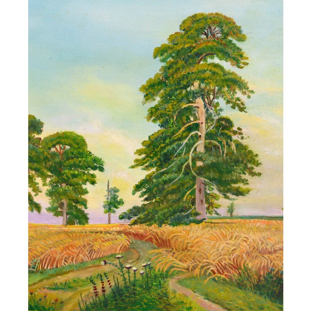 Mid Century Fields of Wheat Landscape - Oil on Canvas-Wrapped Illustration Board Idyllic landscape of a path winding...