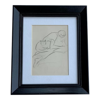 1940s French Mid-Century Modern Charcoal Sketch Man and Cat For Sale