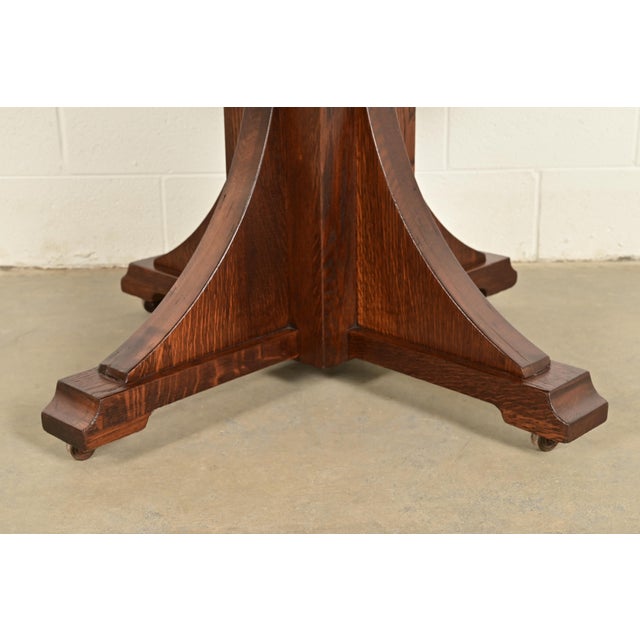 Stickley Brothers Antique Mission Oak Arts & Crafts Pedestal Extension Dining Table, Newly Refinished For Sale - Image 13 of 15