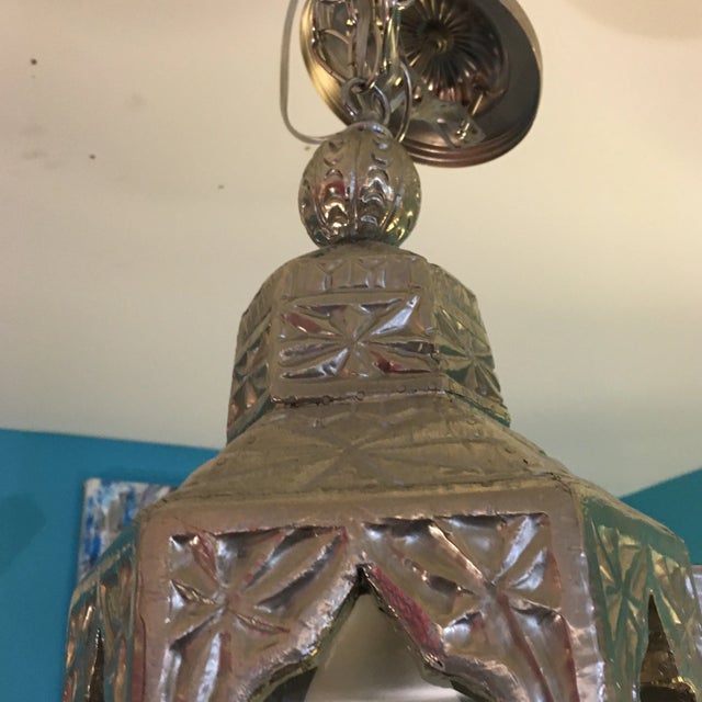 Brutalist Chased German Silver Over Wood Hanging Light Fixture For Sale - Image 3 of 9