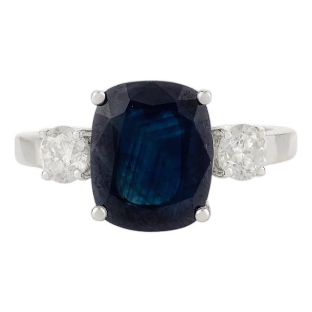 Three Stone Sapphire and Diamond Engagement Ring Size 6.5 For Sale