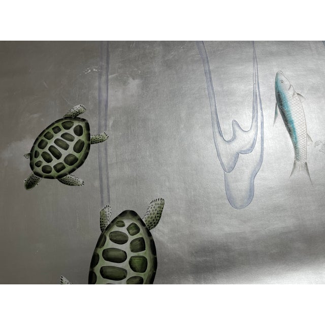 Silver Leaf Chinoiserie Hand-Painted Underwater Ocean Mural (Set of 4) For Sale - Image 4 of 5