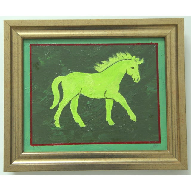 Contemporary Horse Minimalism English Traditional Folk Art Abstract Green Original Oil Painting by Cleo Plowdn For Sale - Image 3 of 3