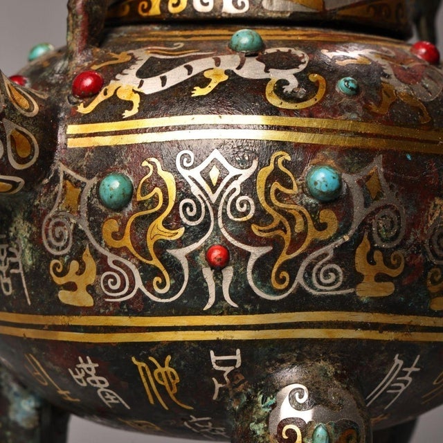 Vintage Bronze Lidded Tripod Ewer With Gold Silver Inlay & Gemstone Inset, Bird Spout Wine Vessel For Sale In Los Angeles - Image 6 of 10