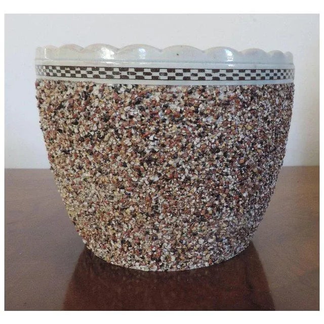 Antique pearlware cachepot with a pebble finish, engine turned collar and scalloped rim. Hole in the base for drainage....