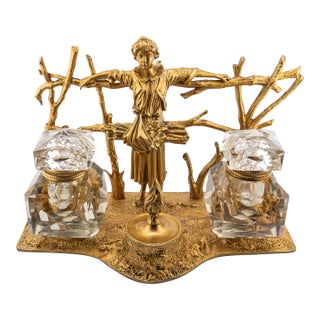 Early 20th Century Reproduction Gilt Bronze Hand-Cut Crystal Inkwell After Demetre H.Chiparus For Sale